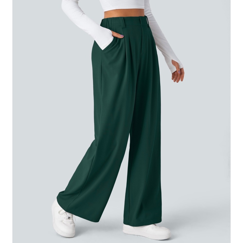 Halara Flex High Waisted Wide Leg Waffle Work Pants Green L Pocket Pleated